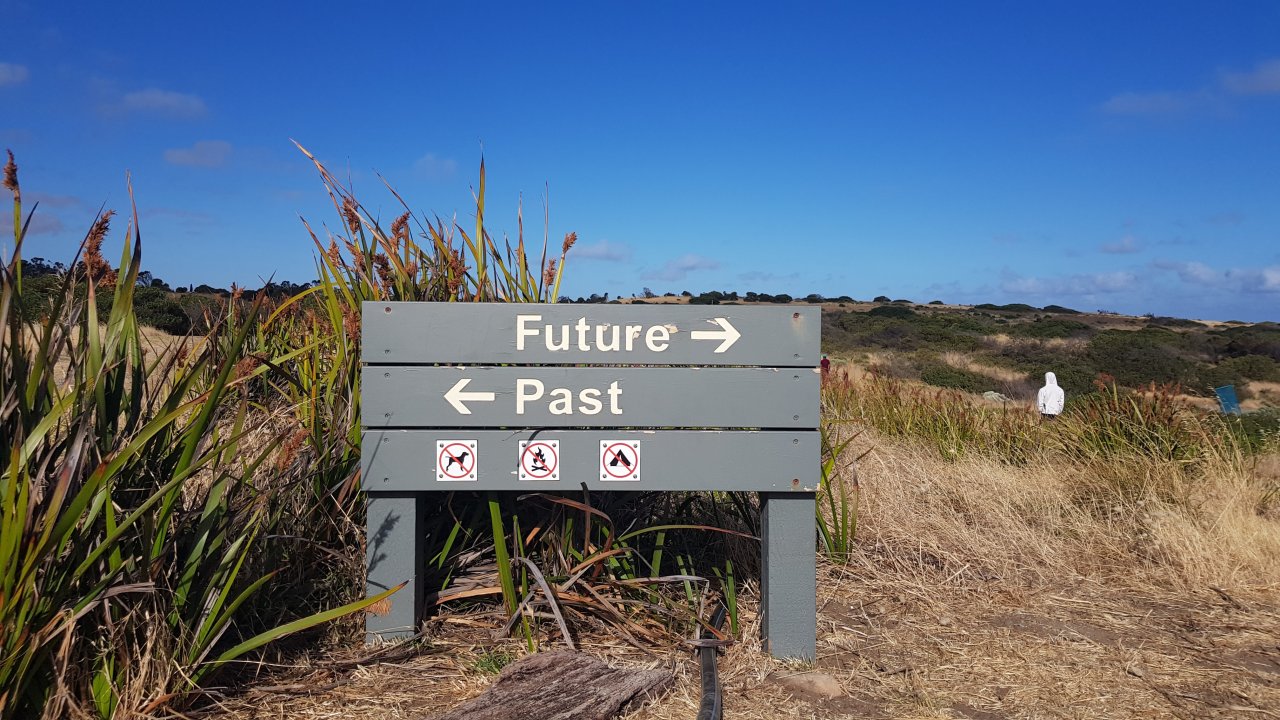 Outdoor sign pointing to the future and past.
